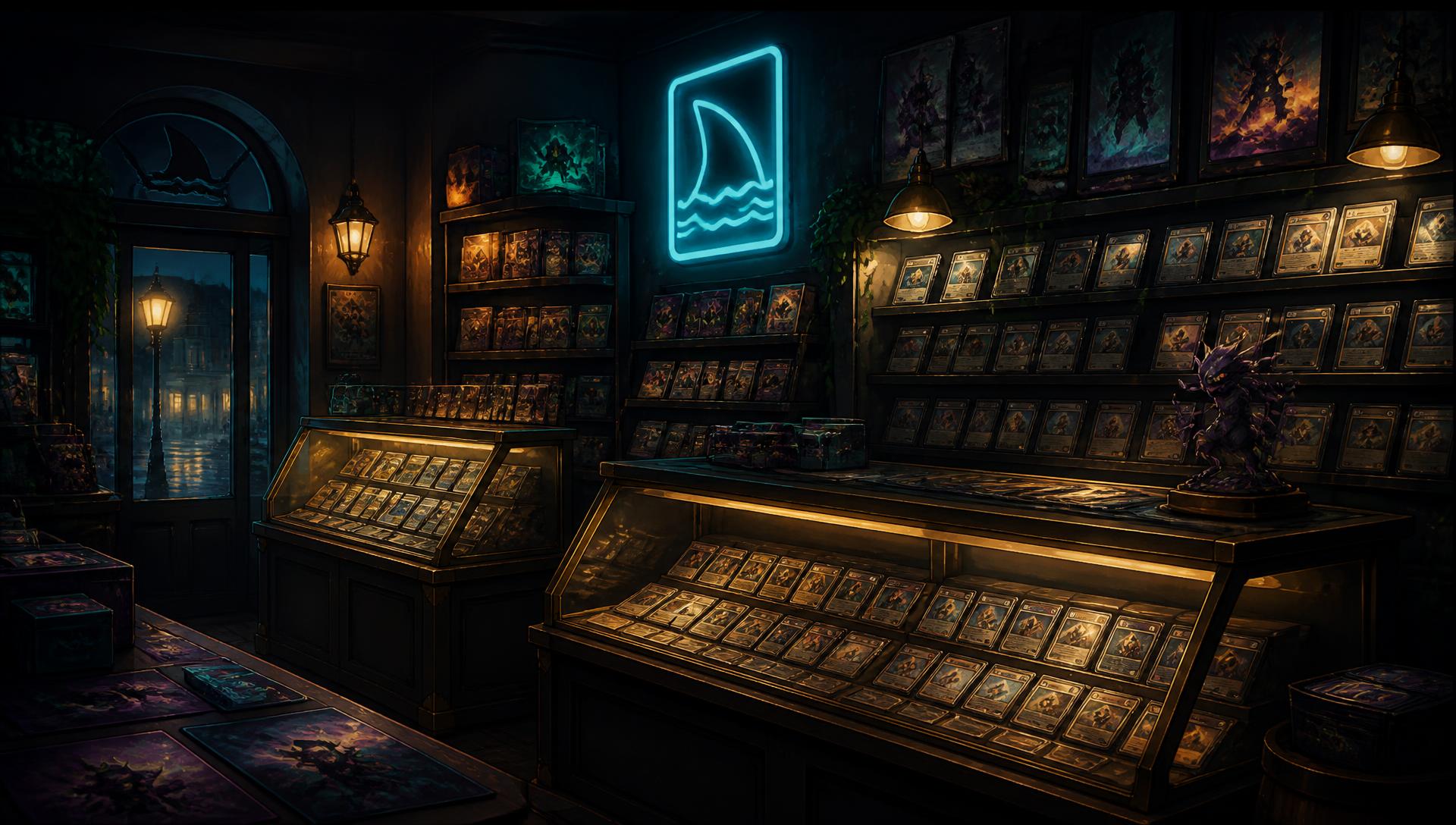 A warmly lit card shop counter stacked with sealed packs and graded cards